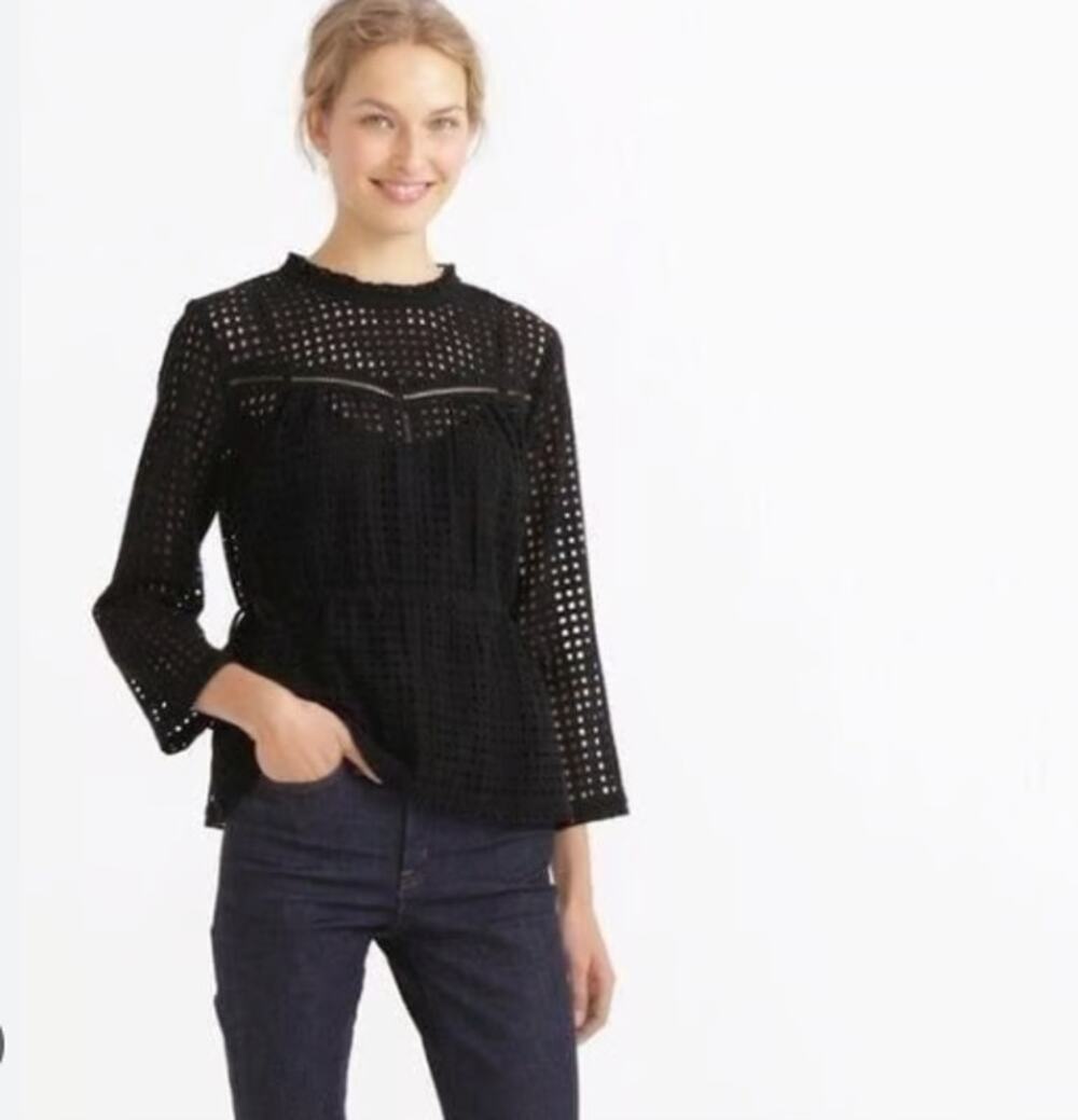 Point Sur J Crew Women's Black Eyelet 3/4 Sleeve Blouse Size 0
